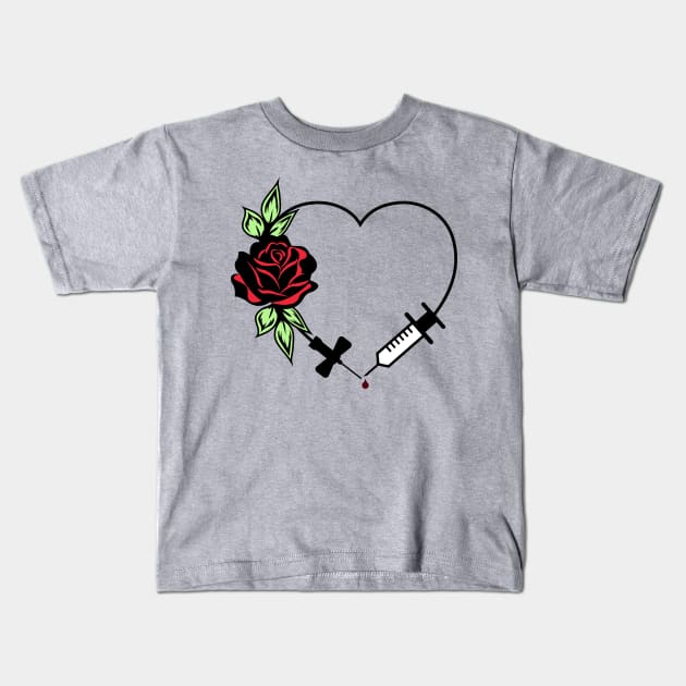 Phlebotomist Appreciation Floral Love Heart with Needle Kids T-Shirt by Caty Catherine